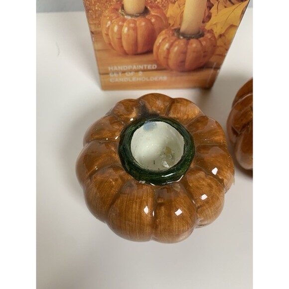 VNT Golden Harvest Pumpkin Candle Holders Set Of 2 Halloween Thanksgiving - Picture 3 of 7